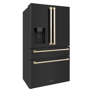 ZLINE Autograph Edition 36 in. 21.6 cu. ft. Counter-Depth French Door Refrigerator with Water and Ice Dispenser in Fingerprint-Resistant Black Stainless Steel with Polished Gold Traditional Handles (RFMZ-W-36-BS-G) side, closed.