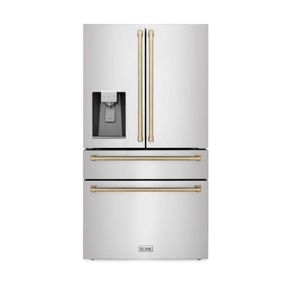 ZLINE Autograph Edition 36 in. 21.6 cu. ft Freestanding French Door Refrigerator with Water Dispenser in Stainless Steel with Champagne Bronze Accents (RFMZ-W-36-CB) front, closed.