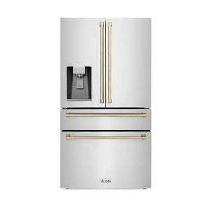 ZLINE Autograph Edition 36 in. 21.6 cu. ft Freestanding French Door Refrigerator with Water Dispenser in Stainless Steel with Champagne Bronze Accents (RFMZ-W-36-CB) front, closed.