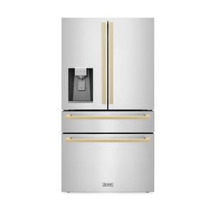 ZLINE Autograph Edition 36 in. 21.6 cu. ft 4-Door French Door Refrigerator with Water and Ice Dispenser in Stainless Steel with Champagne Bronze Square Handles (RFMZ-W-36-FCB) front.