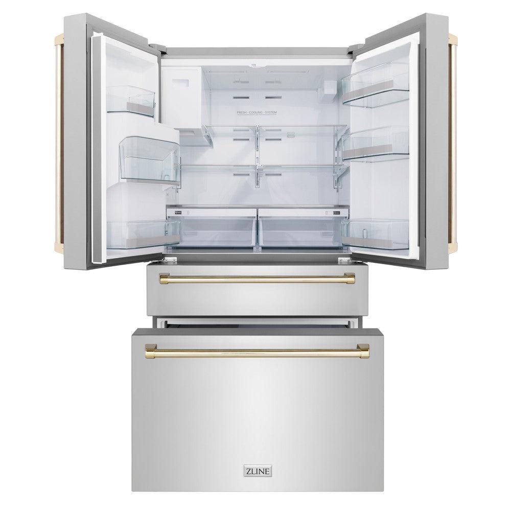 ZLINE Autograph Edition 36 in. 21.6 cu. ft Freestanding French Door Refrigerator with Water Dispenser in Stainless Steel with Polished Gold Accents (RFMZ-W-36-G) front, refrigeration compartment and bottom freezer drawers open.