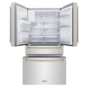 ZLINE Autograph Edition 36 in. 21.6 cu. ft. Counter-Depth French Door Refrigerator with Water and Ice Dispenser in Fingerprint-Resistant Stainless Steel with Polished Gold Traditional Handles (RFMZ-W-36-G) front, refrigeration compartment and bottom freezer drawers open.