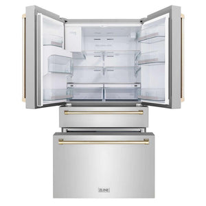 ZLINE Autograph Edition 36 in. 21.6 cu. ft Freestanding French Door Refrigerator with Water Dispenser in Stainless Steel with Polished Gold Accents (RFMZ-W-36-G) front, doors and bottom freezer drawers open.