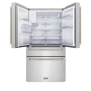 ZLINE Autograph Edition 36 in. 21.6 cu. ft. Counter-Depth French Door Refrigerator with Water and Ice Dispenser in Fingerprint-Resistant Stainless Steel with Polished Gold Traditional Handles (RFMZ-W-36-G) front, open.