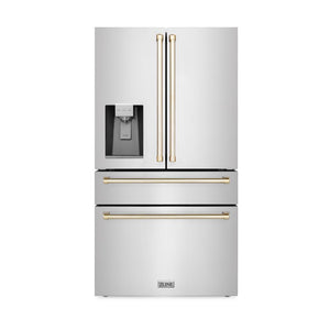 ZLINE Autograph Edition 36 in. 21.6 cu. ft Freestanding French Door Refrigerator with Water Dispenser in Stainless Steel with Polished Gold Accents (RFMZ-W-36-G) front, closed.