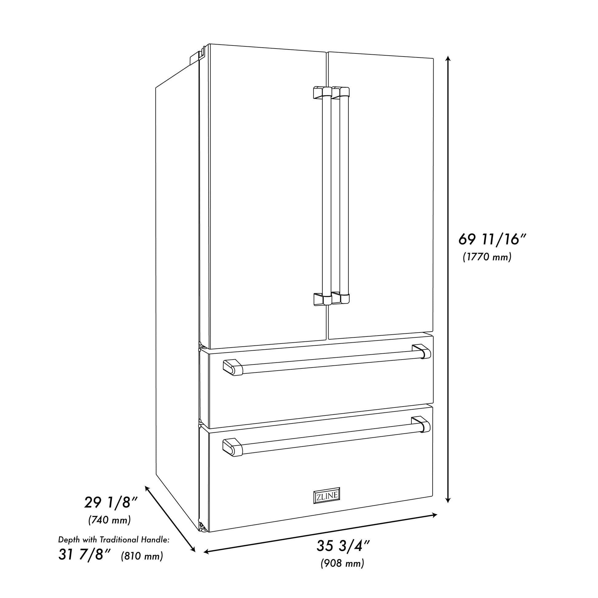 ZLINE Autograph Edition 36 in. 22.5 cu. ft Freestanding French Door Refrigerator with Ice Maker in Fingerprint Resistant Stainless Steel with Champagne Bronze Accents (RFMZ-36-CB) dimensional diagram with measurements.