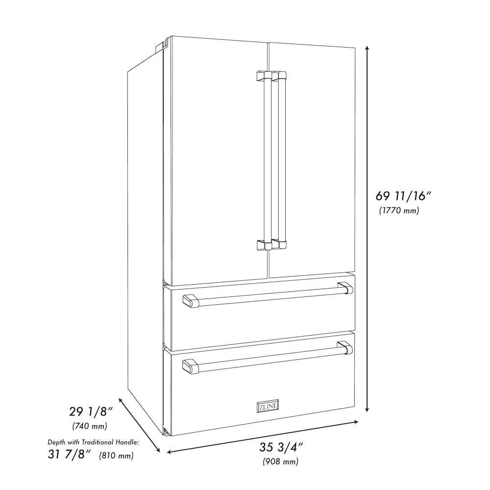 ZLINE Autograph Edition 36 in. 21.6 cu. ft Freestanding French Door Refrigerator with Water Dispenser in Stainless Steel with Champagne Bronze Accents (RFMZ-W-36-CB) dimensional diagram with measurements.