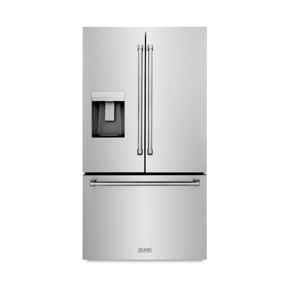 ZLINE 36 in. 28.9 cu. ft. Standard-Depth French Door External Water Dispenser Refrigerator with Dual Ice Maker in Fingerprint Resistant Stainless Steel (RSM-W-36) front.