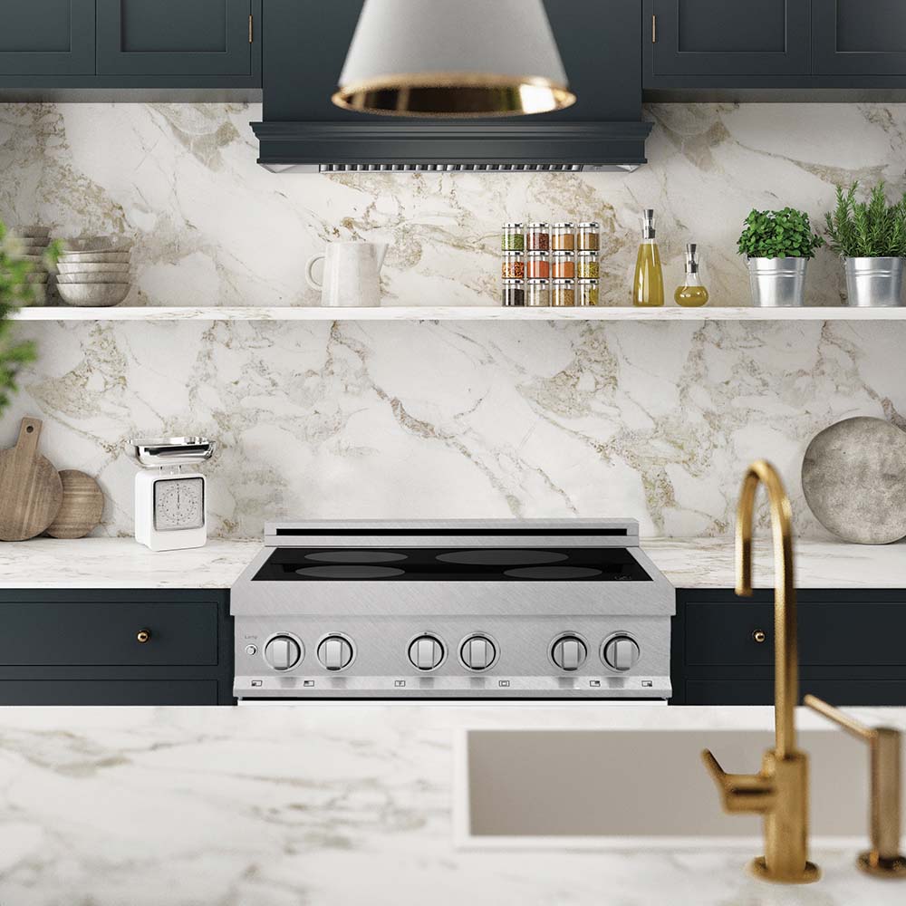 ZLINE 30 in. 4.0 cu. ft. Induction Range in Fingerprint Resistant Stainless Steel with a 4 Element Stove, Electric Oven, and White Matte Door (RAINDS-WM-30) in a luxury kitchen with white marble backsplash.