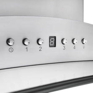 ZLINE Island Mount Range Hood in Stainless Steel with Built-in CrownSound Bluetooth Speakers (GL9iCRN-BT) close-up, buttons and display.