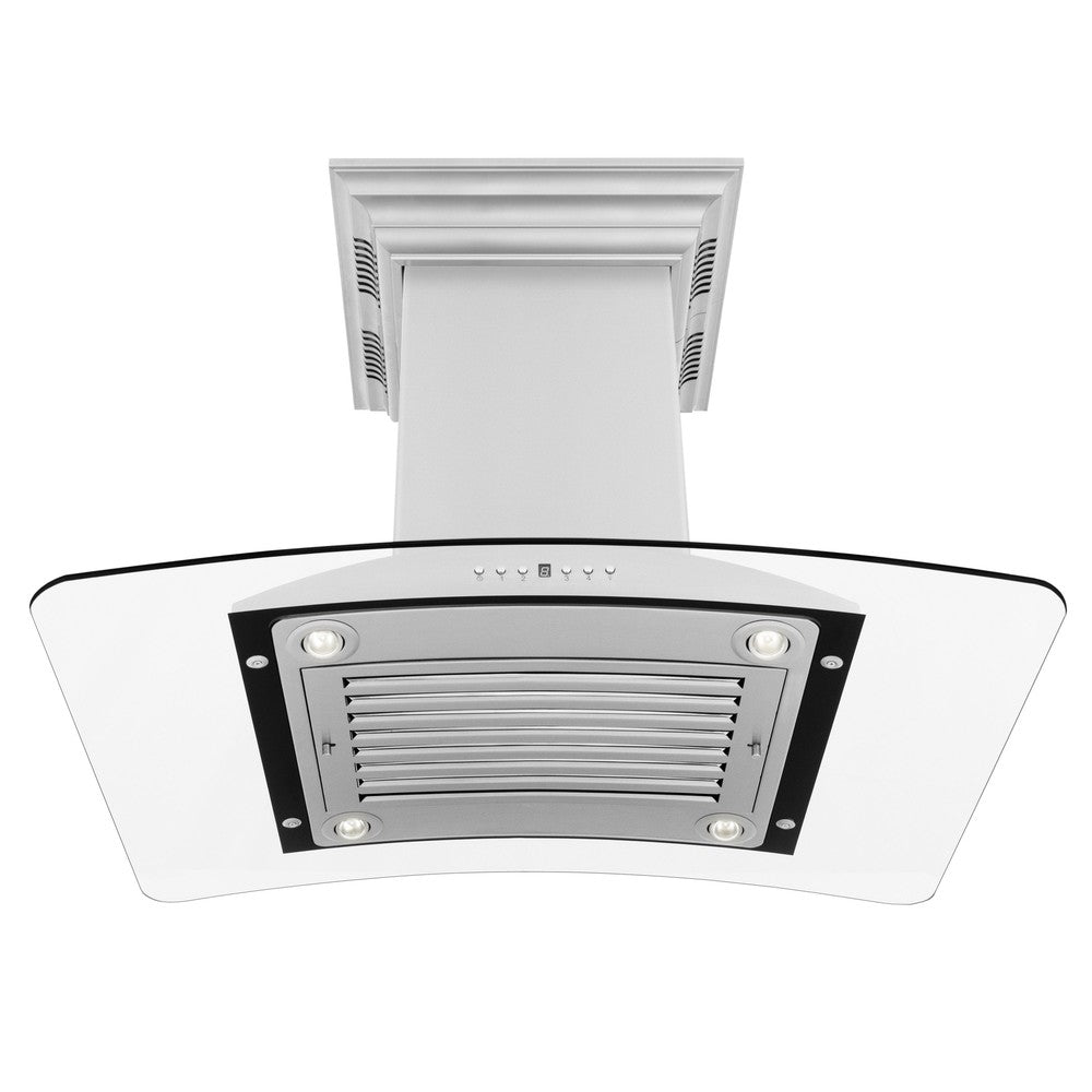 ZLINE Island Mount Range Hood in Stainless Steel with Built-in ZLINE CrownSound Bluetooth Speakers (GL9iCRN-BT) front, under.