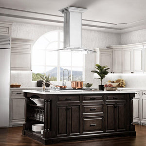 ZLINE Island Mount Range Hood in Stainless Steel with Built-in CrownSound Bluetooth Speakers (GL9iCRN-BT) in a luxury, rustic-style kitchen.