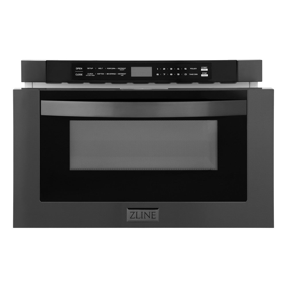 ZLINE 24 in. 1.2 cu. ft. Black Stainless Steel Built-in Microwave Drawer (MWD-1-BS) front, open.