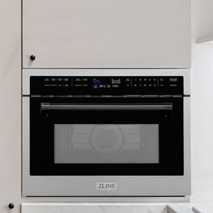 ZLINE Autograph Edition 24 in. 1.6 cu ft. Built-in Convection Microwave Oven in DuraSnow Stainless Steel with Matte Black Accents built-in to white kitchen wall.