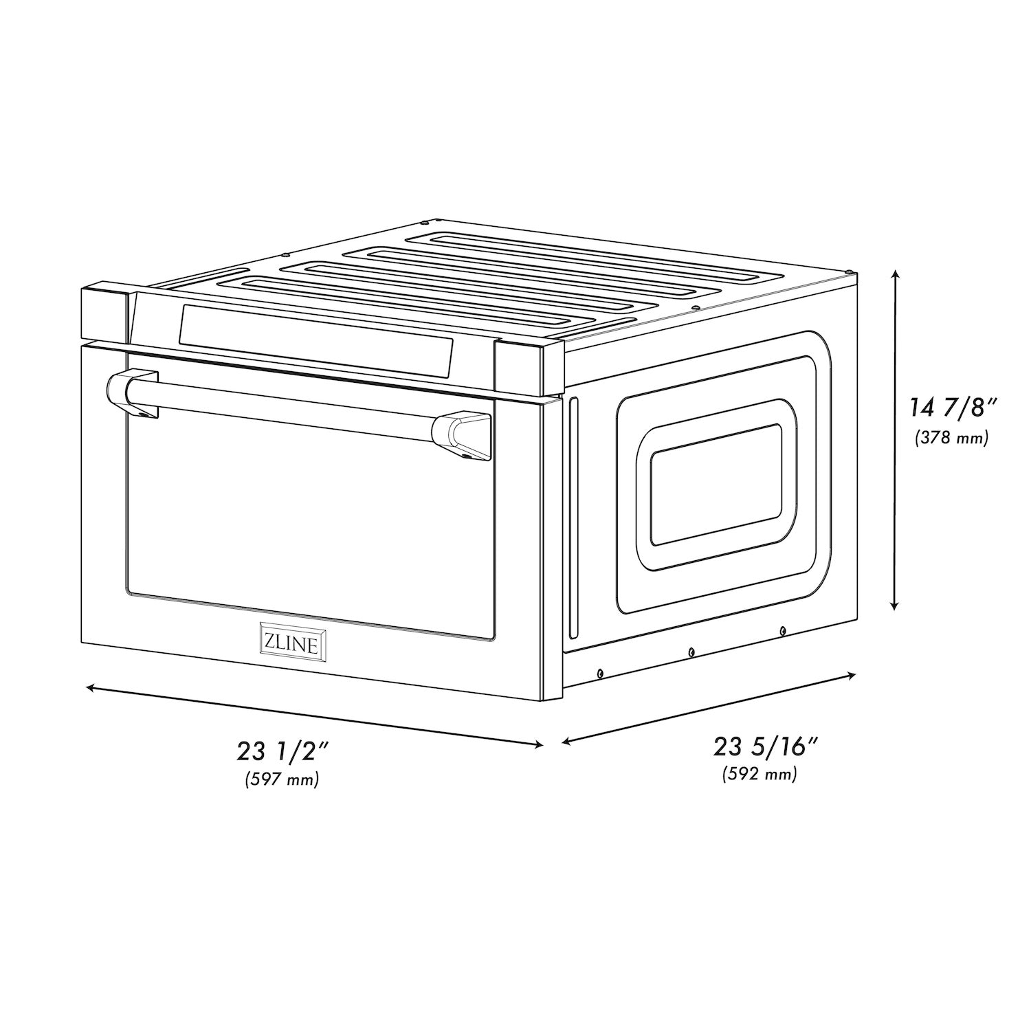 ZLINE 24 in. 1.2 cu. ft. Built-in Microwave Drawer with a Traditional Handle in Stainless Steel (MWD-1-H) dimensional diagram with measurements.