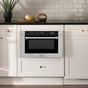 ZLINE 24 in. 1.2 cu. ft. Built-in Microwave Drawer with a Traditional Handle in Stainless Steel (MWD-1-H) in Rustic Farmhouse Style Kitchen with white cabinets and black countertops.