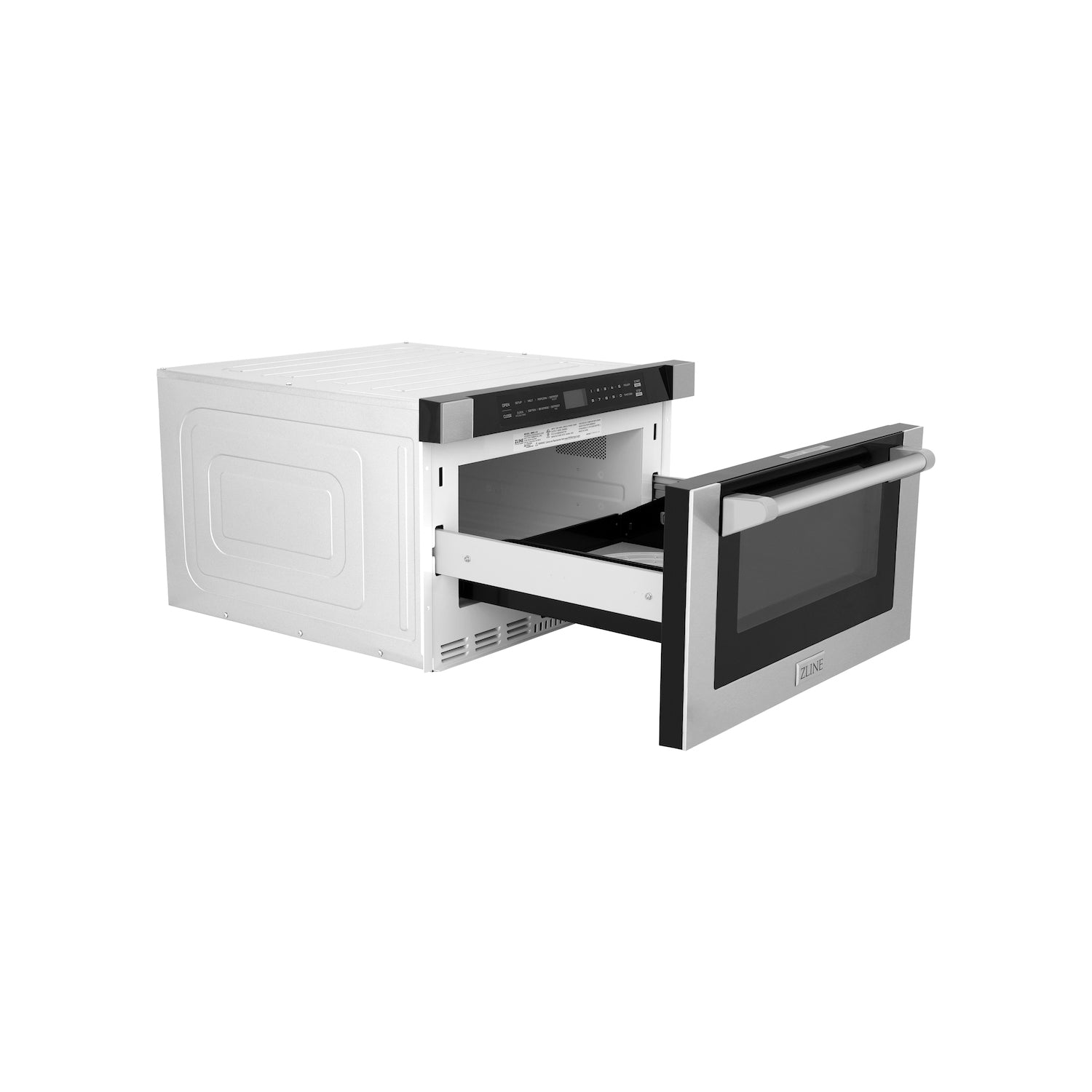 ZLINE 24 in. 1.2 cu. ft. Built-in Microwave Drawer with a Traditional Handle in Stainless Steel (MWD-1-H) side, open.