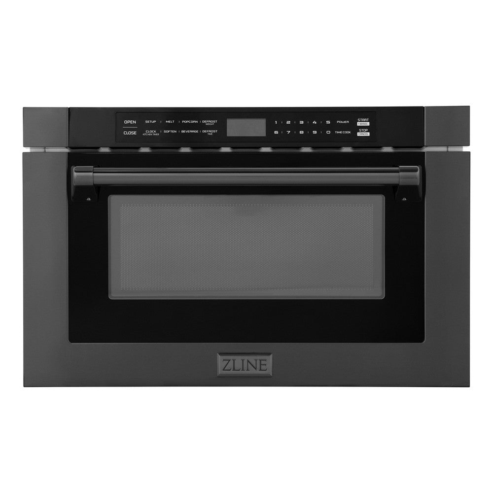 ZLINE 24 in. 1.2 cu. ft. Black Stainless Steel Built-in Microwave Drawer with a Traditional Handle (MWD-1-BS-H) front.