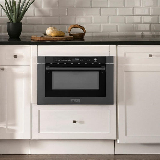 ZLINE 24 in. 1.2 cu. ft. Black Stainless Steel Built-in Microwave Drawer with a Traditional Handle (MWD-1-BS-H) in Rustic Farmhouse Style Kitchen with white cabinets and black countertops.