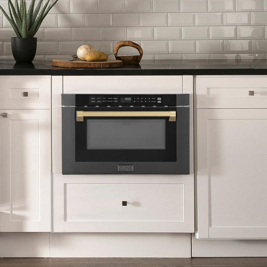 ZLINE Autograph Edition 24 in. 1.2 cu. ft. Built-in Microwave Drawer in Black Stainless Steel with Champagne Bronze Accents (MWDZ-1-BS-H-CB) in Rustic Farmhouse Style Kitchen with white cabinets and black countertops.