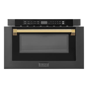 ZLINE Autograph Edition 24 in. 1.2 cu. ft. Built-in Microwave Drawer in Black Stainless Steel with Polished Gold Accents (MWDZ-1-BS-H-G) front, open.