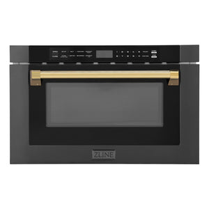 ZLINE Autograph Edition 24 in. 1.2 cu. ft. Built-in Microwave Drawer in Black Stainless Steel with Polished Gold Accents (MWDZ-1-BS-H-G) front.