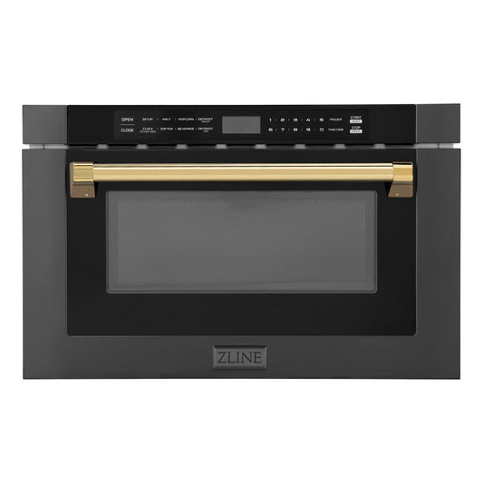ZLINE Autograph Edition 24 in. 1.2 cu. ft. Built-in Microwave Drawer in Black Stainless Steel with Polished Gold Accents (MWDZ-1-BS-H-G) front.