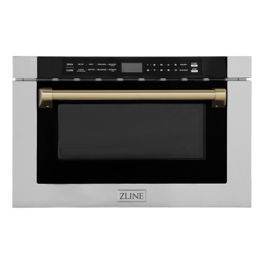 ZLINE Autograph Edition 24 in. 1.2 cu. ft. Built-in Microwave Drawer with a Traditional Handle in Stainless Steel and Champagne Bronze Accents (MWDZ-1-H-CB) front, closed.