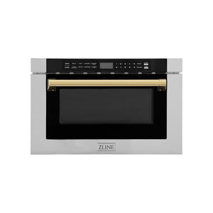 ZLINE Autograph Edition 24 in. 1.2 cu. ft. Built-in Microwave Drawer with a Traditional Handle in Stainless Steel and Polished Gold Accents (MWDZ-1-H-G) front, closed.
