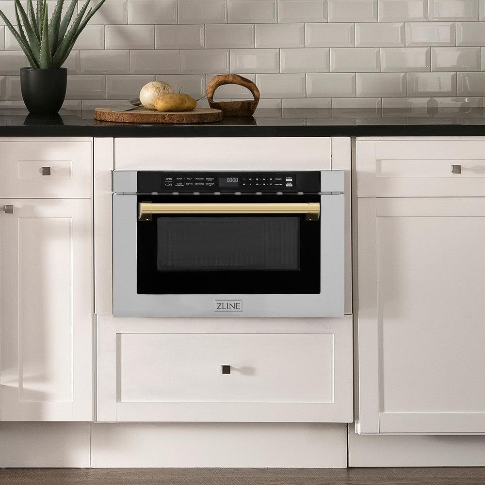 ZLINE Autograph Edition 24 in. 1.2 cu. ft. Built-in Microwave Drawer with a Traditional Handle in Stainless Steel and Polished Gold Accents (MWDZ-1-H-G) in Rustic Farmhouse Style Kitchen with white cabinets and black countertops.