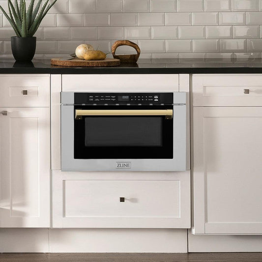 ZLINE Autograph Edition 24 in. 1.2 cu. ft. Built-in Microwave Drawer with a Traditional Handle in Stainless Steel and Polished Gold Accents (MWDZ-1-H-G) in Rustic Farmhouse Style Kitchen with white cabinets and black countertops.