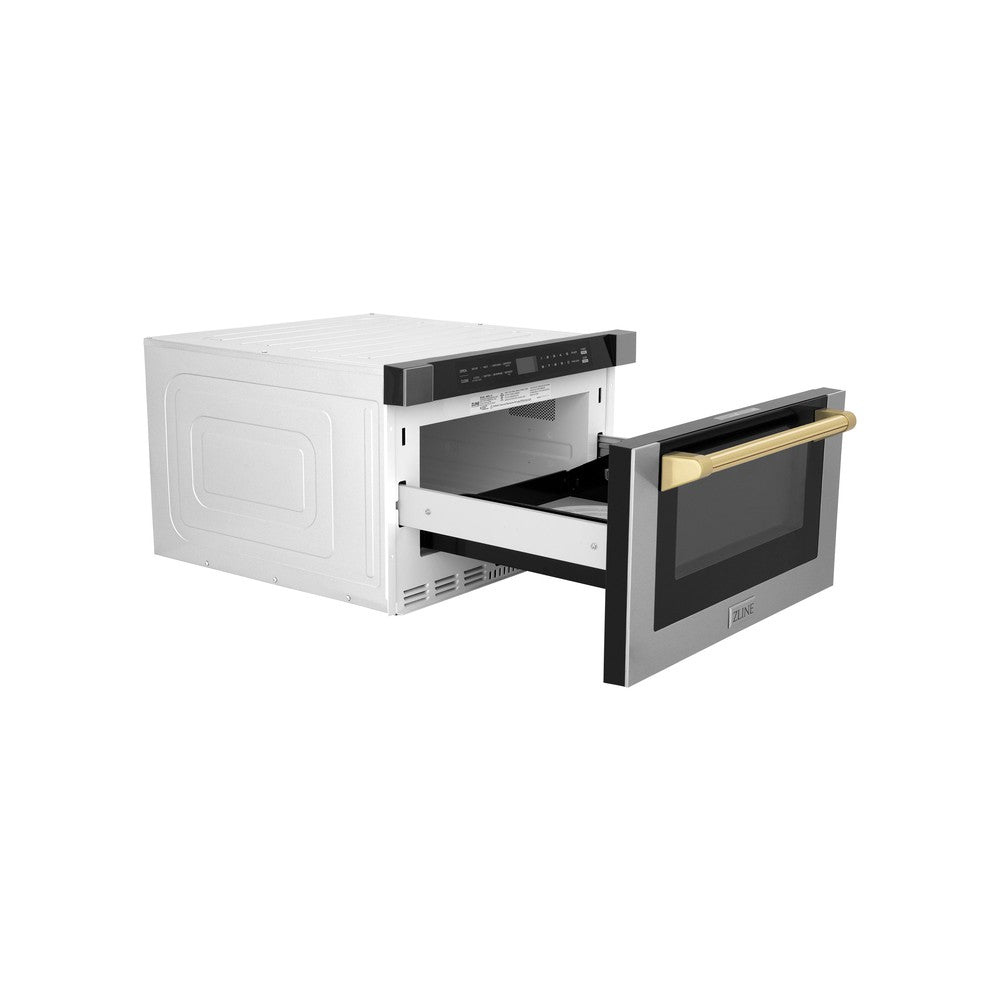 ZLINE Autograph Edition 24 in. 1.2 cu. ft. Built-in Microwave Drawer with a Traditional Handle in Stainless Steel and Polished Gold Accents (MWDZ-1-H-G) side, open.