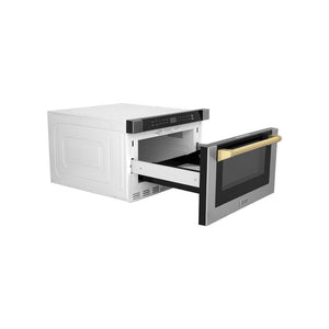 ZLINE Autograph Edition 24 in. 1.2 cu. ft. Built-in Microwave Drawer with a Traditional Handle in Stainless Steel and Polished Gold Accents (MWDZ-1-H-G) side, open.