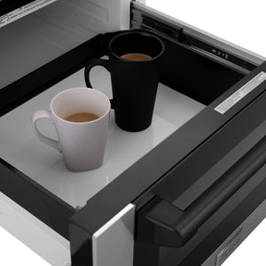 ZLINE Autograph Edition 24 in. 1.2 cu. ft. Built-in Microwave Drawer with a Traditional Handle in Stainless Steel and Matte Black Accents (MWDZ-1-H-MB) open with two cups of coffee inside.