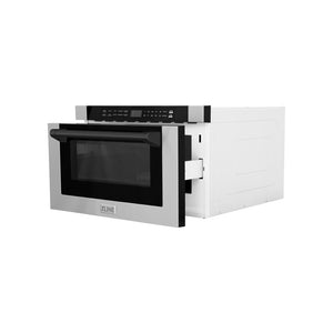 ZLINE Autograph Edition 24 in. 1.2 cu. ft. Built-in Microwave Drawer with a Traditional Handle in Stainless Steel and Matte Black Accents (MWDZ-1-H-MB) side, open.