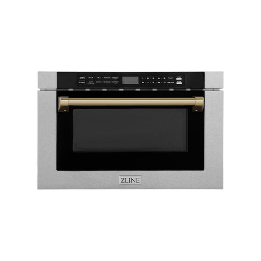 ZLINE Autograph Edition 24 in. Microwave in Fingerprint Resistant Stainless Steel with Traditional Handles and Champagne Bronze Accents (MWDZ-1-SS-H-CB) front.