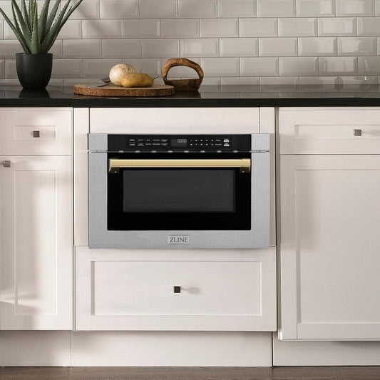 ZLINE Autograph Edition 24 in. Microwave in Fingerprint Resistant Stainless Steel with Traditional Handles and Polished Gold Accents (MWDZ-1-SS-H-G) in Rustic Farmhouse Style Kitchen with white cabinets and black countertops.