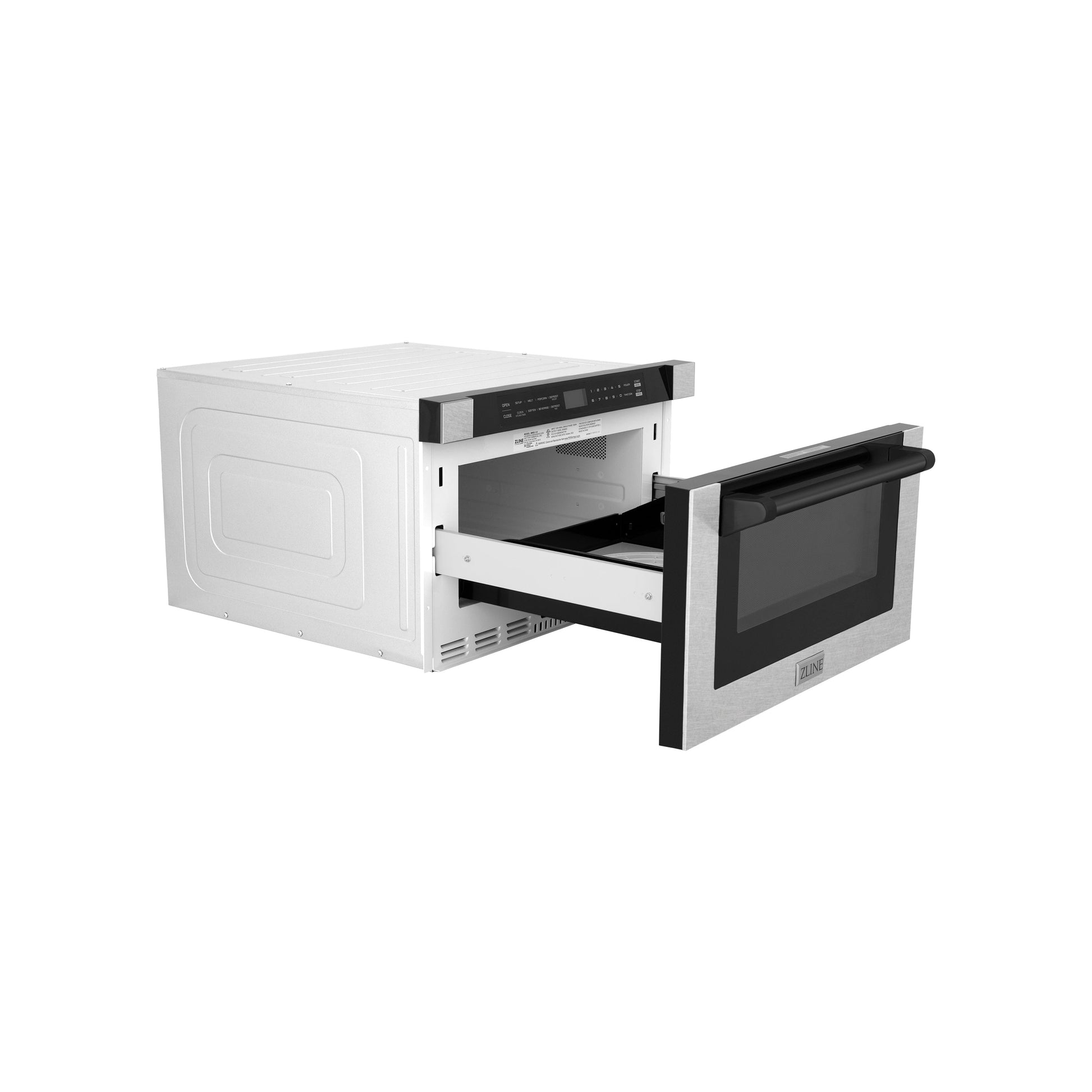 ZLINE Autograph Edition 24 in. Microwave in Fingerprint Resistant Stainless Steel with Traditional Handles and Matte Black Accents (MWDZ-1-SS-H-MB) side, open.