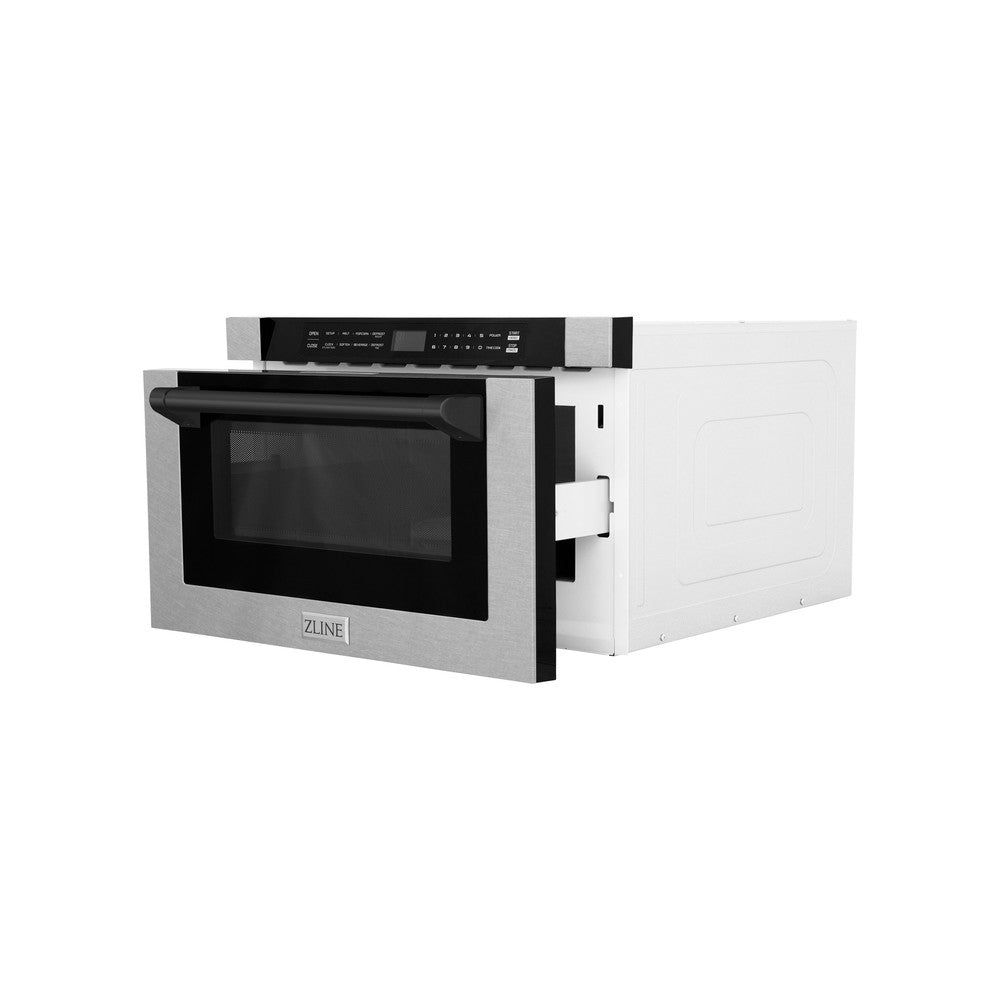 ZLINE Autograph Edition 24 in. Microwave in Fingerprint Resistant Stainless Steel with Traditional Handles and Matte Black Accents (MWDZ-1-SS-H-MB) side, open.