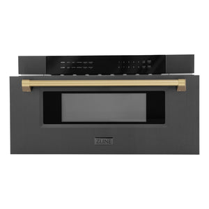 ZLINE Autograph Edition 30 in. 1.2 cu. ft. Built-in Microwave Drawer in Black Stainless Steel with Champagne Bronze Accents (MWDZ-30-BS-CB) front, open.
