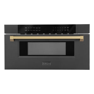 ZLINE Autograph Edition 30 in. 1.2 cu. ft. Built-in Microwave Drawer in Black Stainless Steel with Champagne Bronze Accents (MWDZ-30-BS-CB) front.