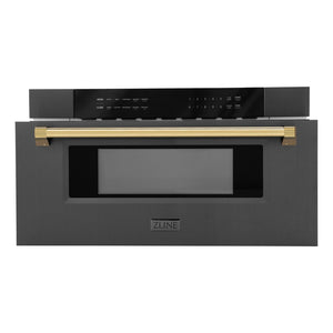 ZLINE Autograph Edition 30 in. 1.2 cu. ft. Built-in Microwave Drawer in Black Stainless Steel with Polished Gold Accents (MWDZ-30-BS-G) front, open.