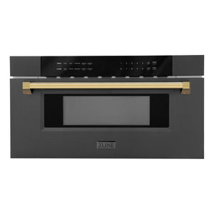 ZLINE Autograph Edition 30 in. 1.2 cu. ft. Built-in Microwave Drawer in Black Stainless Steel with Polished Gold Accents (MWDZ-30-BS-G) front.