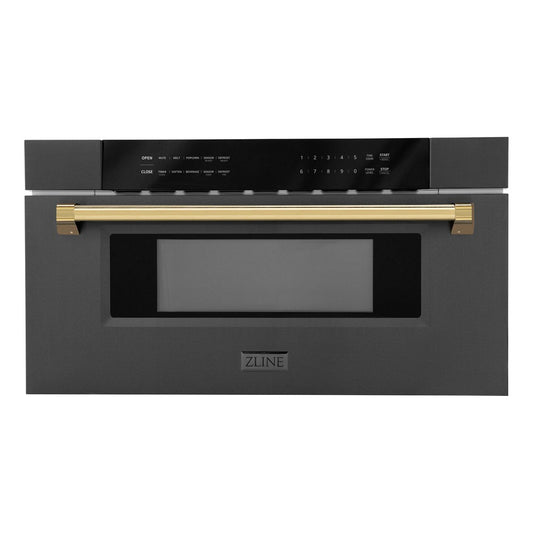 ZLINE Autograph Edition 30 in. 1.2 cu. ft. Built-in Microwave Drawer in Black Stainless Steel with Polished Gold Accents (MWDZ-30-BS-G) front.