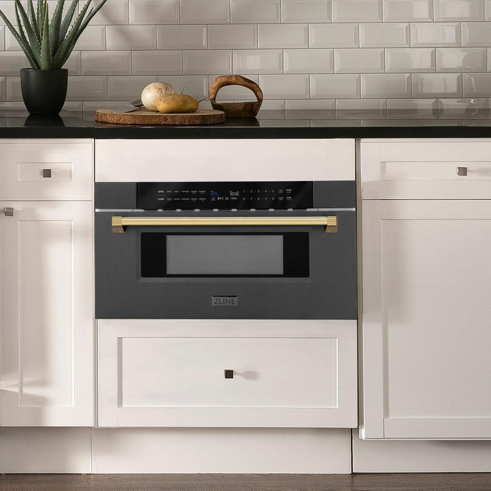 ZLINE Autograph Edition 30 in. 1.2 cu. ft. Built-in Microwave Drawer in Black Stainless Steel with Polished Gold Accents (MWDZ-30-BS-G) in Rustic Farmhouse Style Kitchen with white cabinets and black countertops.