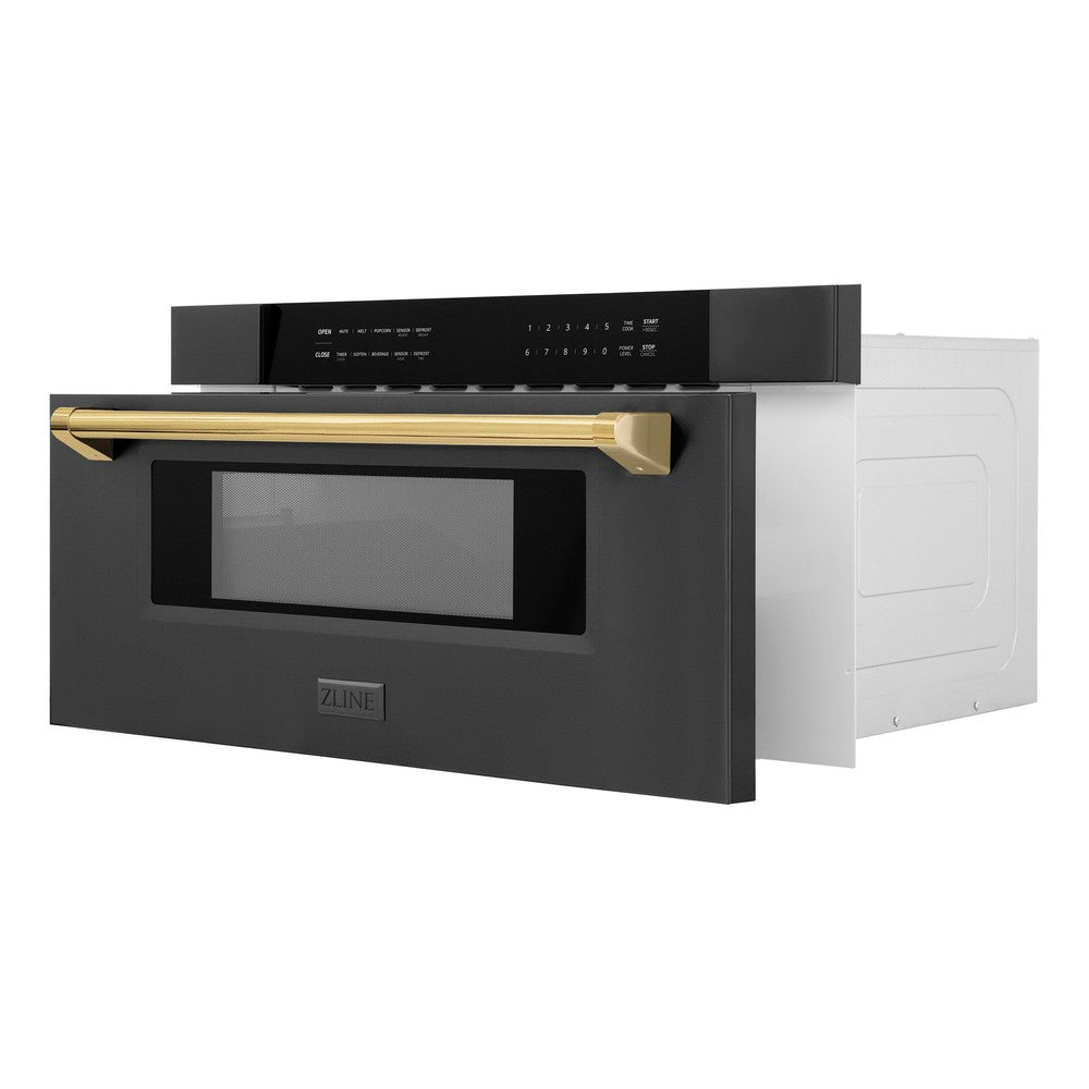 ZLINE Autograph Edition 30 in. 1.2 cu. ft. Built-in Microwave Drawer in Black Stainless Steel with Polished Gold Accents (MWDZ-30-BS-G) side, open.