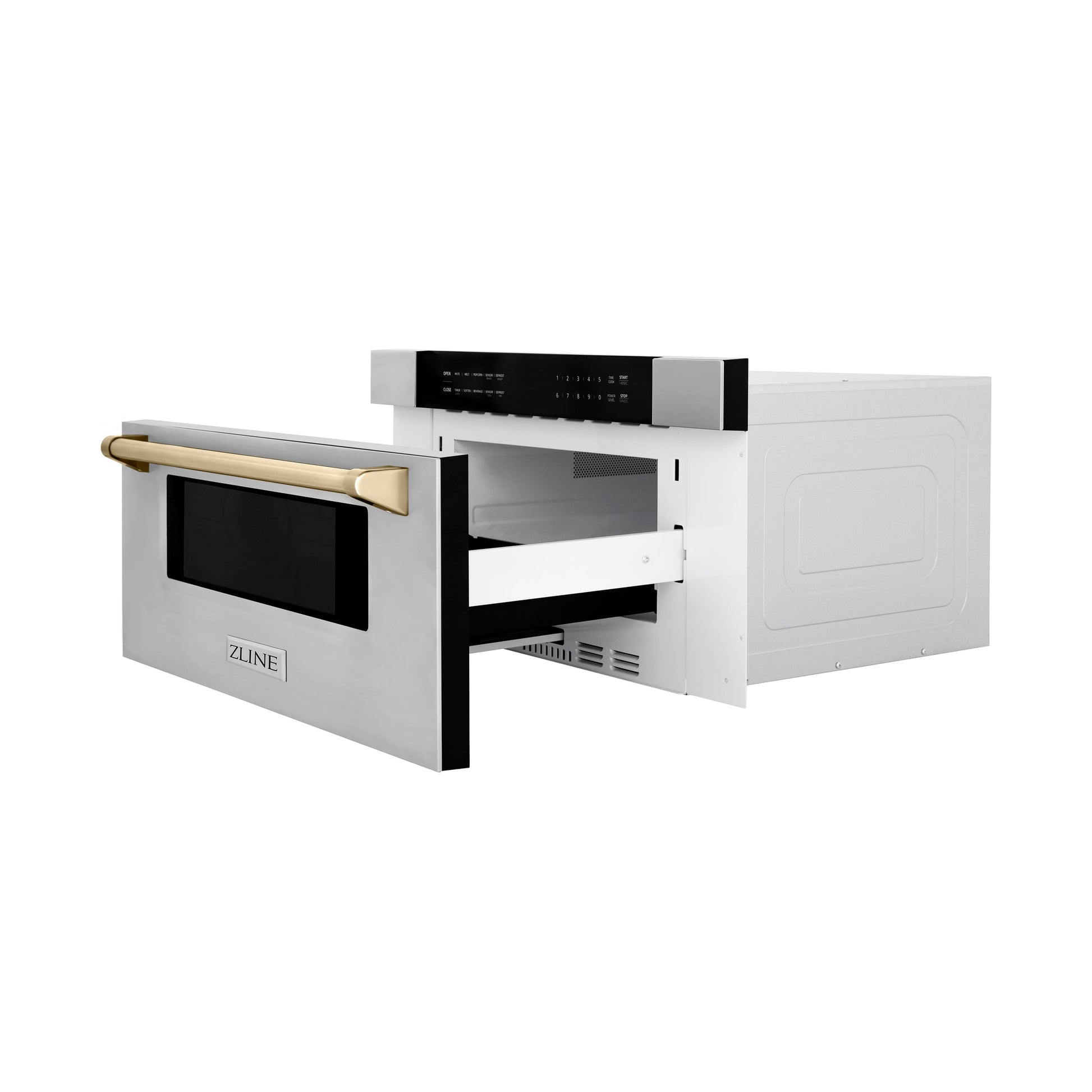 ZLINE Autograph Edition 30 in. 1.2 cu. ft. Built-In Microwave Drawer in Stainless Steel with Polished Gold Accents (MWDZ-30-G) side, open.