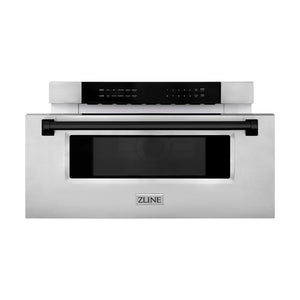 ZLINE Autograph Edition 30 in. 1.2 cu. ft. Built-In Microwave Drawer in Stainless Steel with Matte Black Accents (MWDZ-30-MB) front, open.