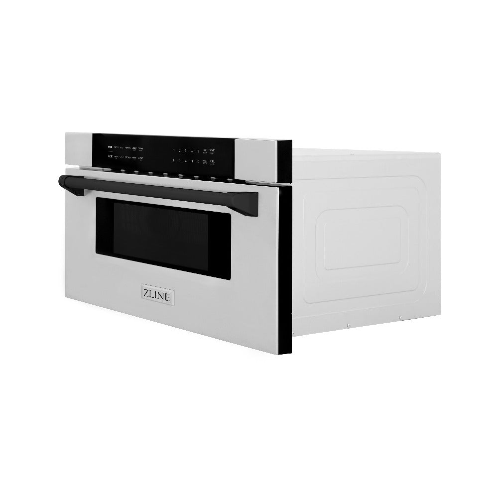 ZLINE Autograph Edition 30 in. 1.2 cu. ft. Built-In Microwave Drawer in Stainless Steel with Matte Black Accents (MWDZ-30-MB) side, closed.