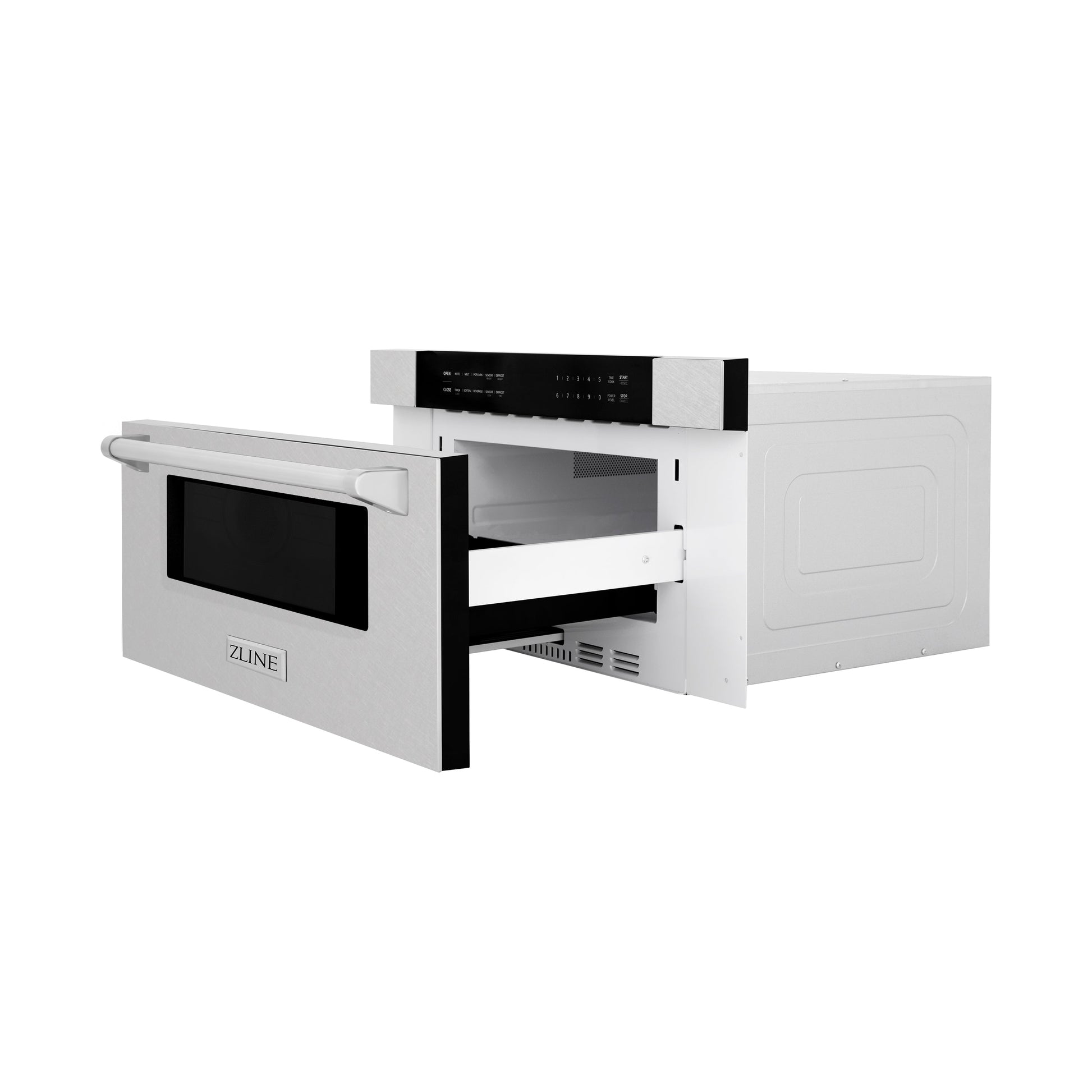 ZLINE 30 in. 1.2 cu. ft. Built-In Microwave Drawer in Fingerprint Resistant Stainless Steel (MWD-30-SS) side, open.